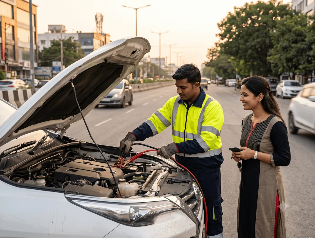 Roadside assistance technician providing a battery jump start