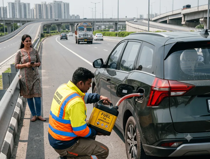 Roadside assistance technician providing emergency fuel delivery